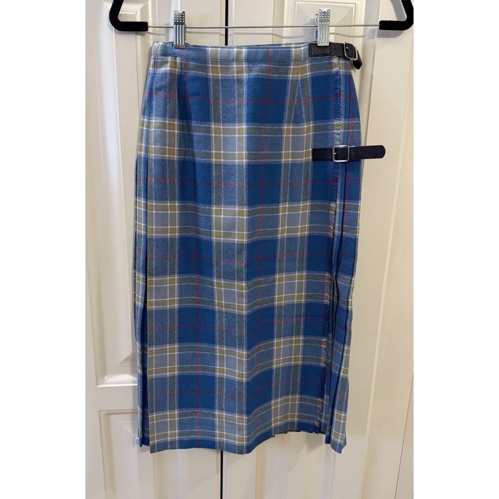 Vintage Browns Of Bermuda Wool Plaid Wrap Kilt Skirt Blue Pleated‎ US 8 UK 10